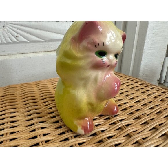 Vintage 50's Yellow Ceramic Cat Kitten Planter Pot Vase Kitsch Retro - Picture 8 of 14